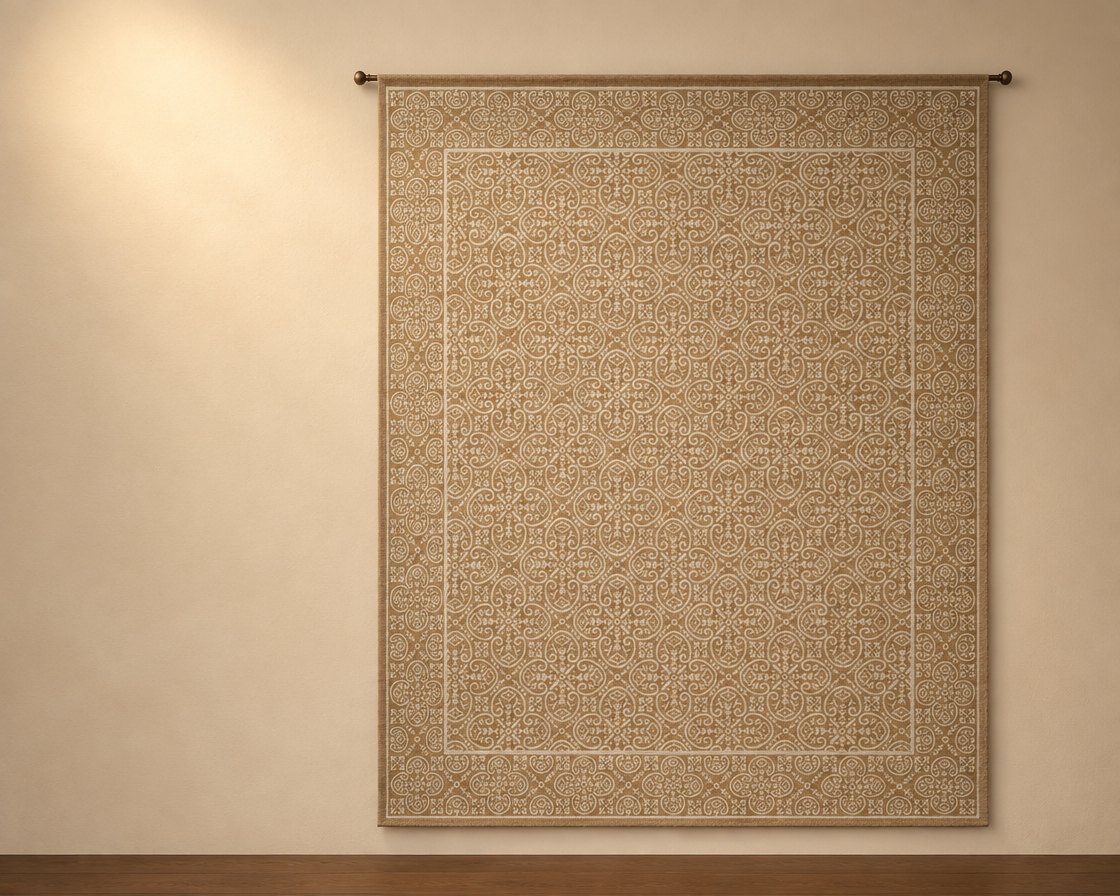 Illustration of Bauda BAU439C Bronze, a Senneh Knot rug, on an oak floor