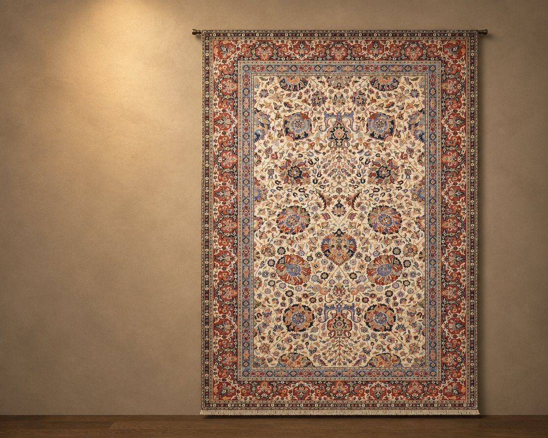 Illustration of Sultanabad JL-6 Cream & Rust, a Senneh Knot rug, on an oak floor