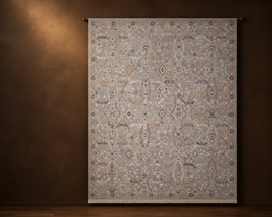 Illustration of Caspian CAS729S Silver, a Senneh Knot rug, on an oak floor