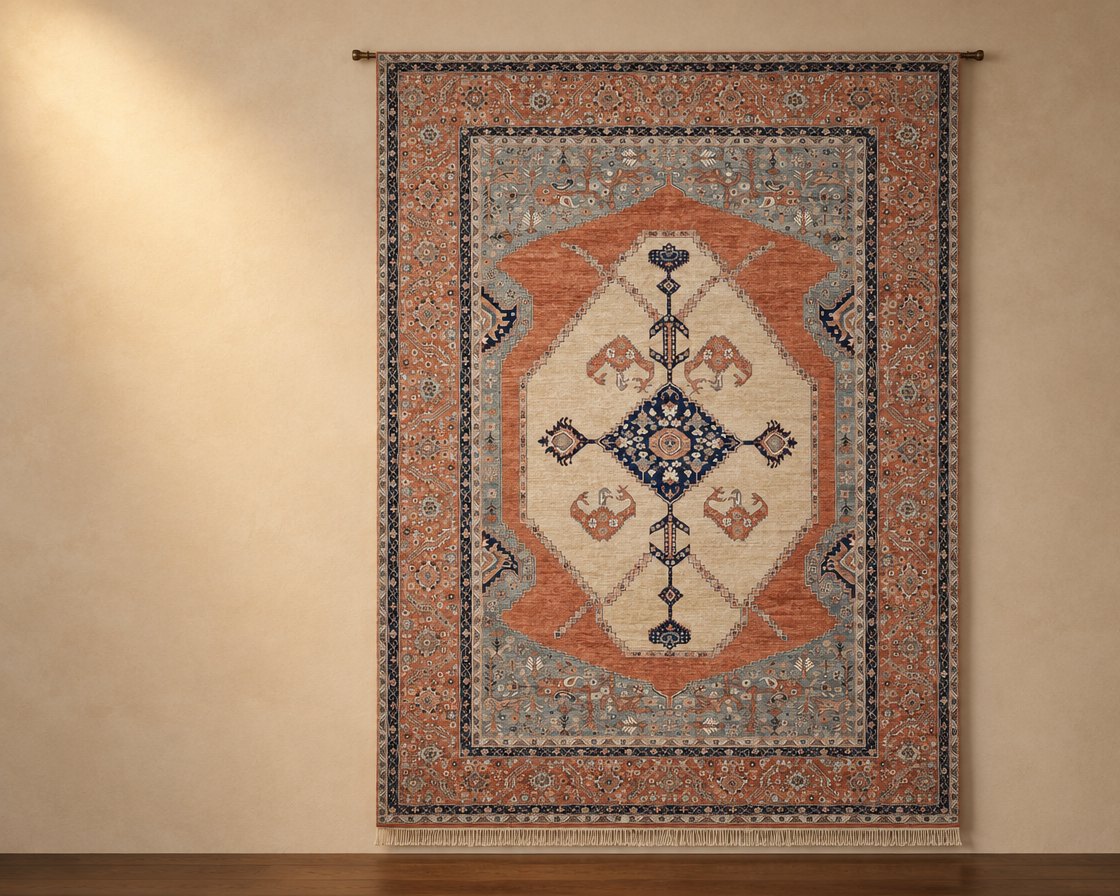 Illustration of Khyber Heriz Beige & Rust, a Senneh Knot rug, on an oak floor